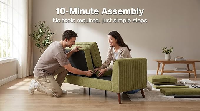 Artechworks Handmade Sofa Couch, 3-Seater 76" Wide W/Durable Italian Style Linen, Modern Mid-Century Fusion Stylish Sofa Couch for Living Room Apartment Lounge,French Piping,Dark Green