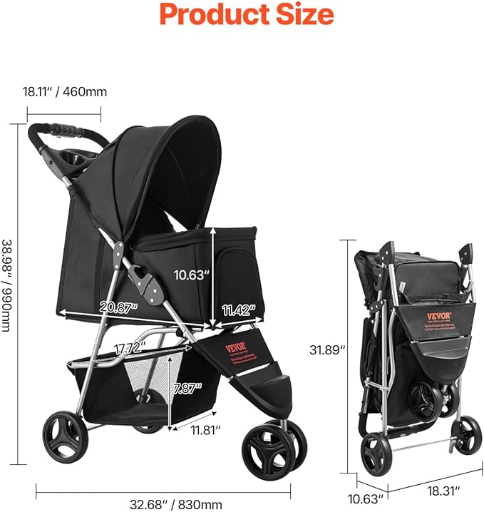 VEVOR Pet Stroller, 35 lbs Weight Capacity, Foldable Dog Cart, 3 Wheels Cats Carts with Mesh Windows and Cup Holders, Portable Pet Carrier Stroller with Brake, for Small to Medium Pets