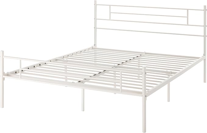 SHA CERLIN 14 Inch Queen Size Metal Bed Frame with Iron-Art Headboard and Footboard,Under Bed Storage Space,Platform Bed with Metal Slats Support,Easy Assembly,Noise Free,No Box Spring Needed,White