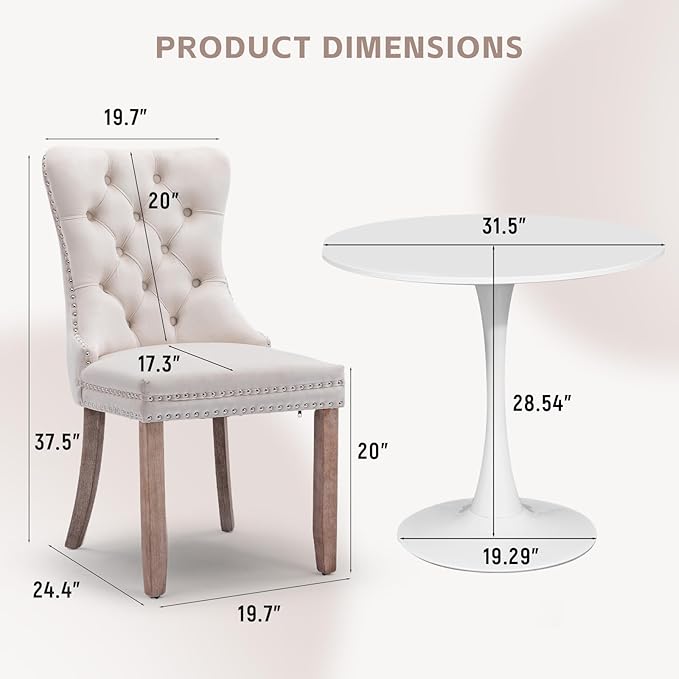 SoarFlash Kitchen Table and Chairs for 2, 31.5" Dining Table Set for 2 with Velvet Upholstered Chairs, 3 Piece Round Kitchen Table Set, Dining Room Table Set for Small Space, Apartment, Beige/White
