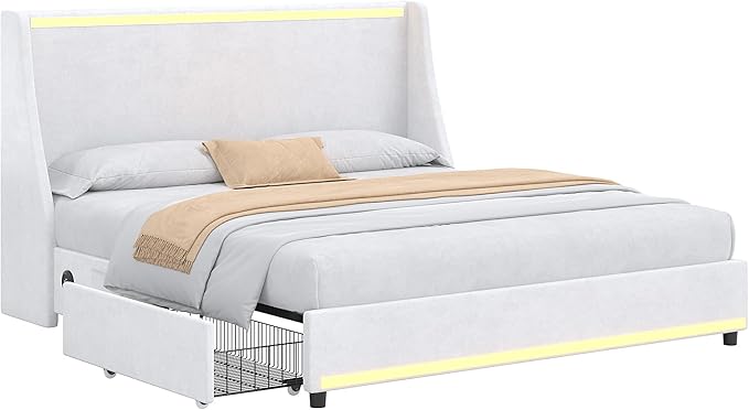 VECELO Full Size Bed Frame with Storage Drawers, Upholstered Platform Bedframe with Wingback Headboard, No Box Spring Needed, White