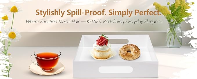 Glossy White Acrylic Serving Tray with Handles-Lucite Tray for Ottoman,Coffee Table, Breakfast, Tea, Food, Butler - Decorative Tray (10x15x2H Inch with, White)