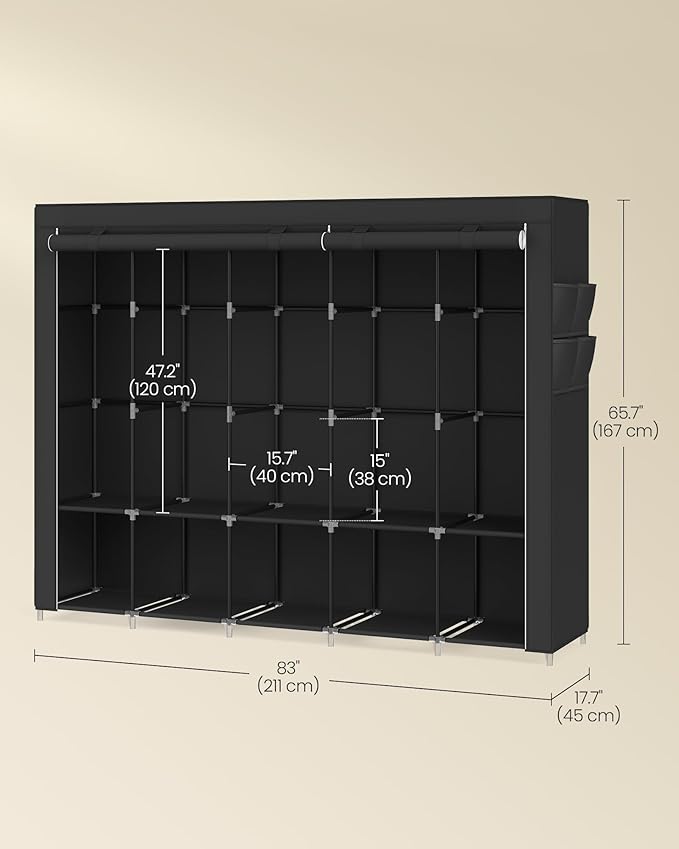 SONGMICS Portable Closet, Wardrobe Closet Organizer with Cover, 5 Hanging Rods and Shelves, 4 Side Pockets, 17.7 x 83 x 65.7 Inches, Large Capacity for Bedroom, Living Room, Ink Black URYG095B01