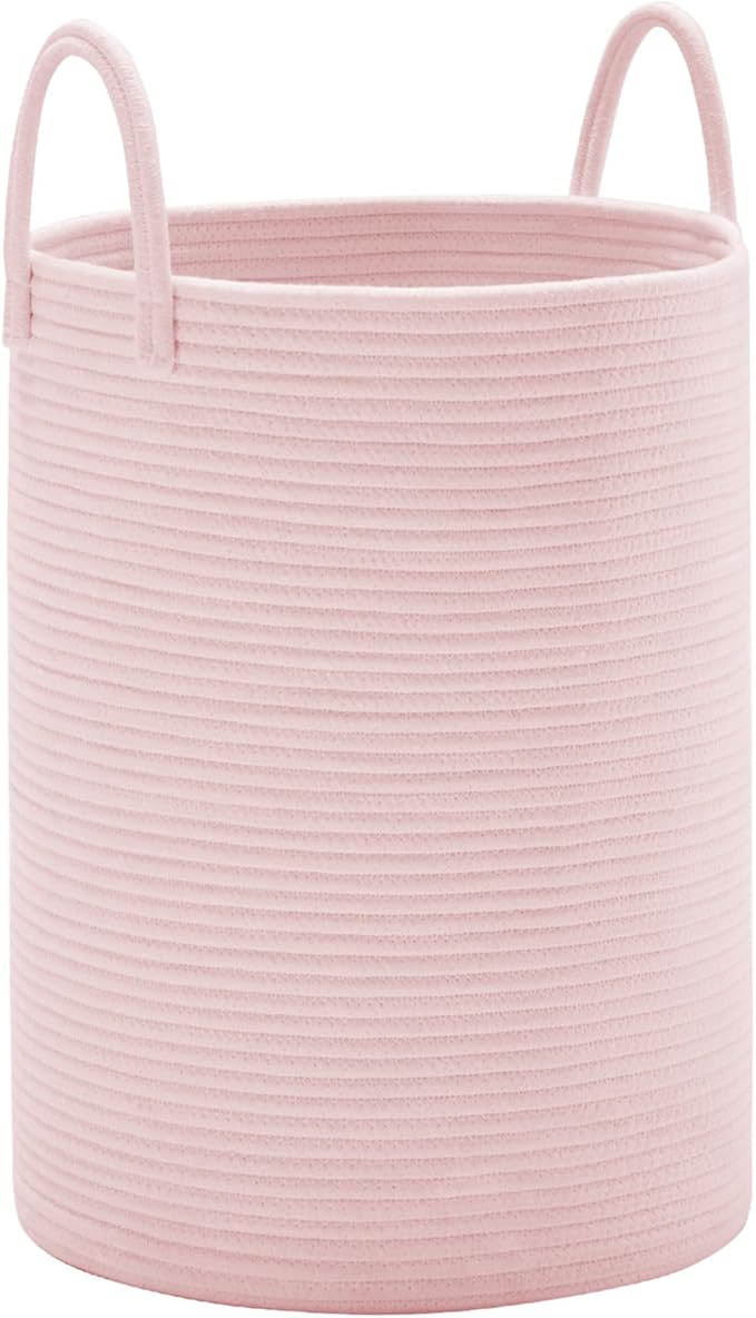 YOUDENOVA Woven Rope Laundry Hamper, 58L Tall Luandry Basket, Baby Nursery Hamper for Blanket Storage in Bedroom-Large-Pink