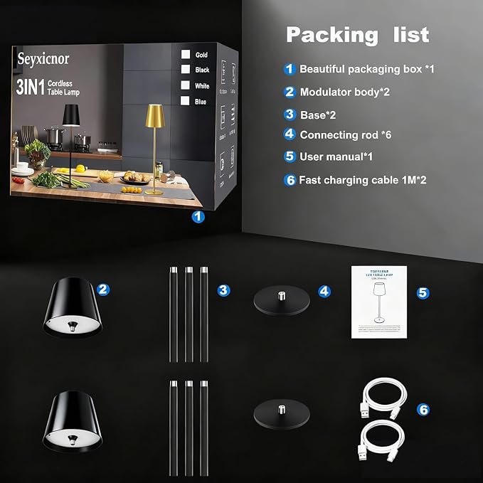 2-Pack Cordless Metal Table Lamp, 3 Adjustable Heights, 5400mAh Rechargeable Battery, 3 Colors Touch Dimming, Waterproof Portable Wireless Desk Lamp for Restaurant, Bedroom, Outdoor Patio