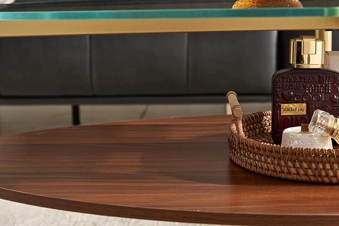 Shrine Oval Coffee Table, Mid-Century Modern Design, 2-Tier Structure, Clear Glass Top and Walnut MDF Shelf, 47" D x 21" W x 17" H, Sleek Conical Metal Legs with Gold Finish