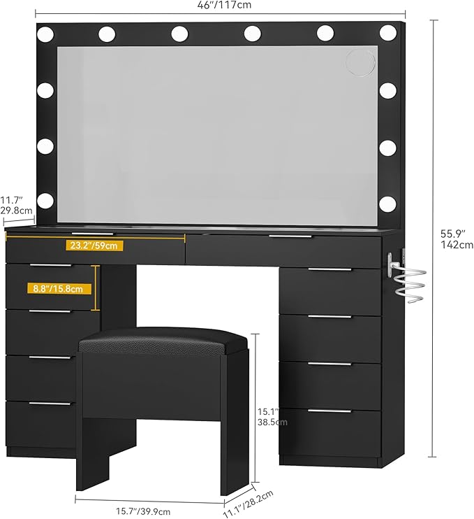 DWVO 46'' Glass Top Vanity Desk with 10 Drawers, Makeup Vanity Set with with Large Mirror and 12 LED Lights, Dressing Table with Charging Station & Storage Chair, 3-Color Light Modes, Black
