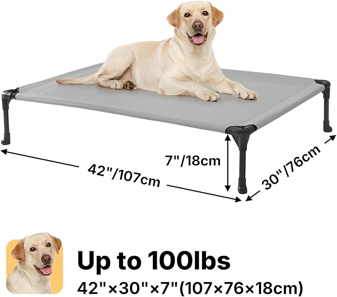 Veehoo Outdoor Elevated Dog Cot Bed, Cooling Raised Pet Bed for Large Dogs, Washable Breathable Mesh Hammock Bed with No-Slip Feet, Indestructible Ground Off Training Platform Cot-42"x30" Grey