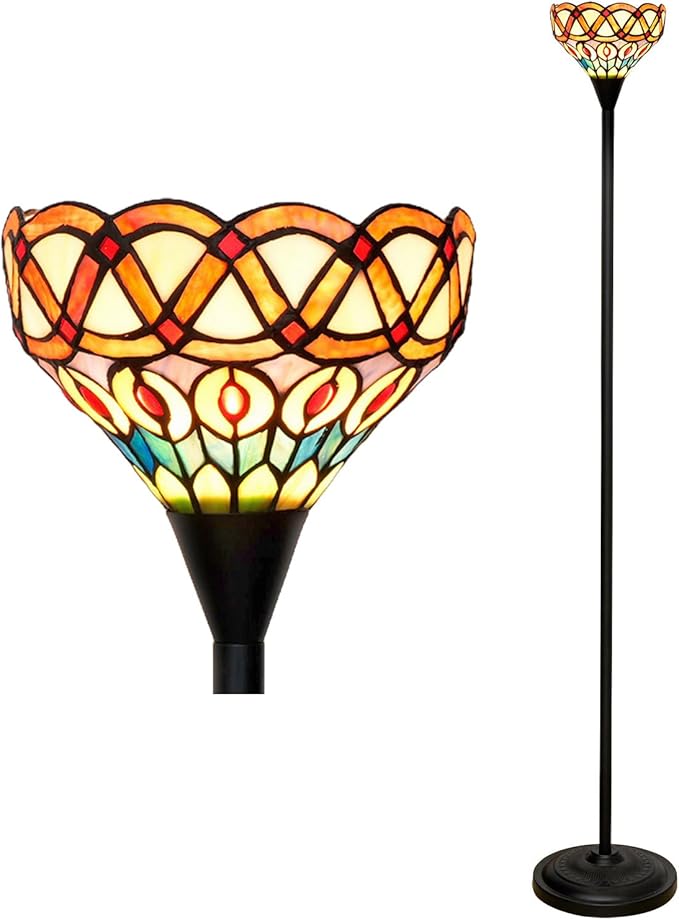 Tiffany Floor Lamp Torchiere Antique Stained Glass Lamp Yellow Peacock Tail Style Standing Light Tall Uplight Lamp for Home Decorating Reading Working