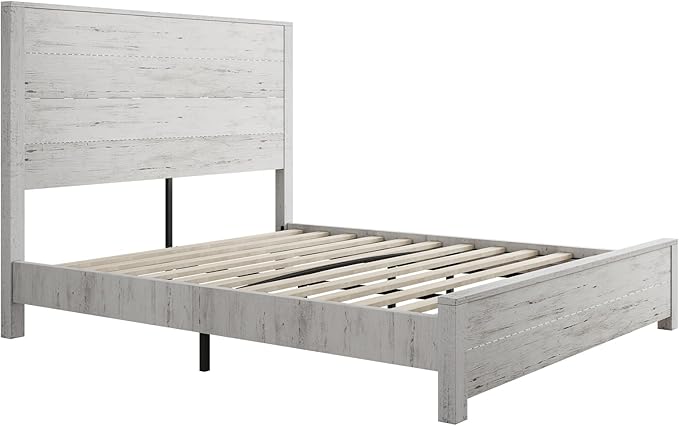 AMERLIFE Queen Size Wood Bed Frame, Rustic 51.2" Platform Bed with Spliced Headboard, Wood Slats Support/Noiseless/No Box Spring Needed, Antique White