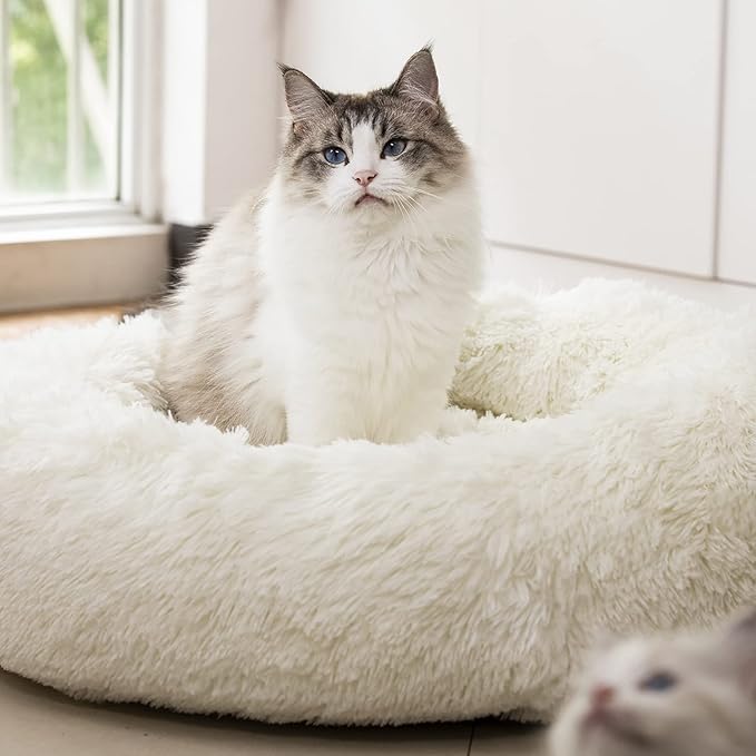 Anti Anxiety Round Fluffy Plush Faux Fur Warm Washable Dog Bed & Cat Bed, Original Bed for Small Medium Large Pets,Used to Relieve Joints and Improve Sleep(20"/24"/27'') (27", White)