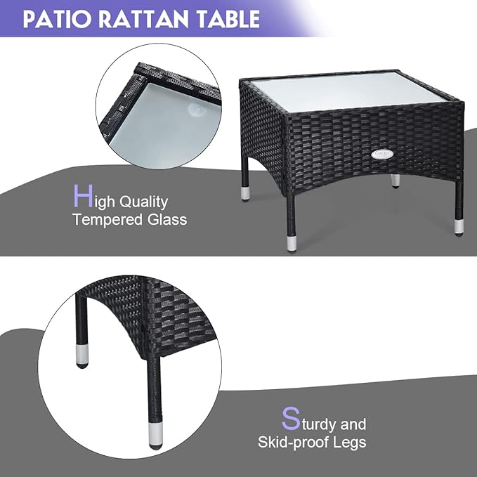 COSTWAY 3 PCS Patio Wicker Conversation Set, PE Rattan Sofa with Tempered Glass Coffee Table, 2 Chairs, 2 Cushions, Outdoor Patio Furniture Set for Yard Porch Bistro Balcony Backyard Pool, Grey