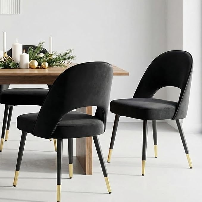 LukeAlon Classic Velvet Dining Chairs Set of 4, Upholstered Open Back Kitchen Chairs with Metal Legs Armless Side Chairs Mid Century Dining Chair for Dining Room, Luxurious Black