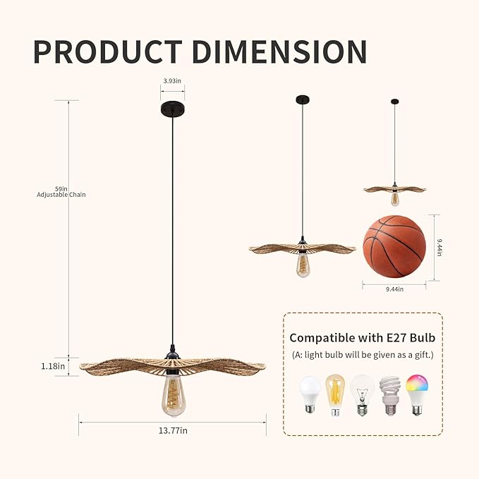 15''Natural Rattan Chandelier Pendant Light-Farmhouse Boho Rattan Pendant Lights with Included E27 Bulb, 120V Wicker Pendant Lights for Dining Room Kitchen Island Bedroom Living Room