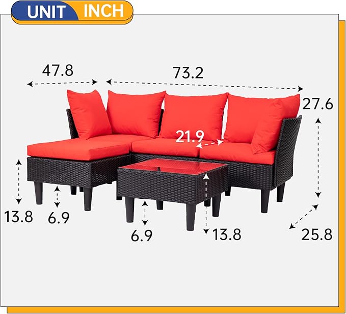 FDW Patio Furniture Sets 5 Pieces Outdoor Wicker Conversation Set Sectional Sofa Rattan Chair for Outdoor Backyard Porch Poolside Balcony Garden Furniture with Coffee Table,Red Cushion