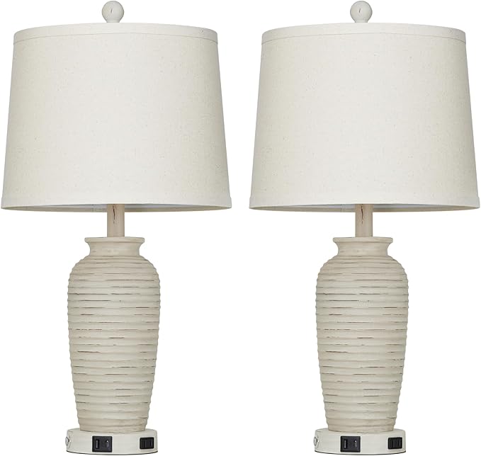 25" Retro White Farmhouse Jar Table Lamps Set of 2, 3 Way Touch Control Rustic Bedside Lamps with USB A+C Ports & AC Outlet, Pot Nightstand Lamps for Bedroom Living Room (LED Bulbs Included)