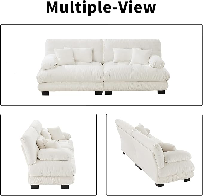 94.4” Loveseat Sofa, 2 Seater Modular Sectional Sofa, White Large Sectional Fluffy Couch Set, Chenille Cloud Couch with 4 Pillows, Deep Seat Sofas for Living Room