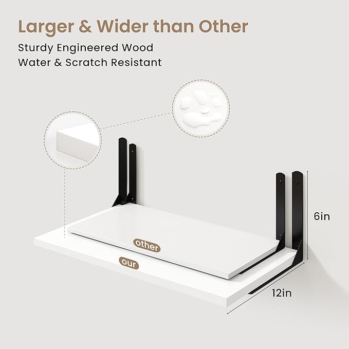 Fun Memories Floating Shelves for Wall, 12 Inch Deep Floating Shelves Set of 2, Wall Mounted Shelf with Metal Brackets, Rustic Wood Wide Shelf for Bathroom, Kitchen and Living Room, White, 32W x 12D