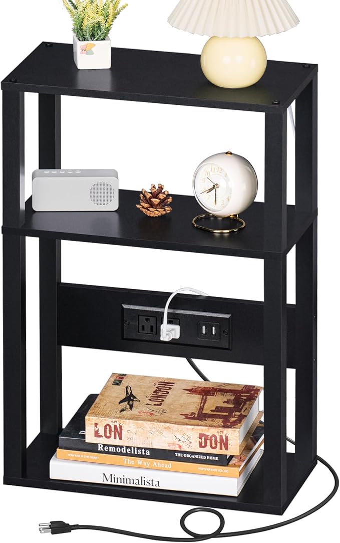 3-Tier Small Narrow Wood Side Table Set of 2 with Charging Station - Skinny Nightstand for Small Spaces, Slim Bedside Table with USB Ports and Outlets - Thin End Table with Storage, Black