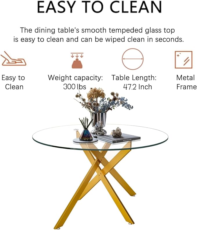 Goujxcy Round Dining Table Set for 6, Modern Glass Kitchen Table and Chairs Set of 6, 7 Piece Dining Room Table Set with 47" Circle Gold Metal Glass Dinner Table and 6 White Leather Dining Chairs