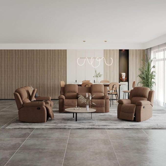 Manual Recliner Sofa Set,Microfiber Reclining Couch Set,Modern Living Room Furniture Set,Reclining Sofa Couch Chair for Living Room Home Office(Brown,3 Pieces Set)