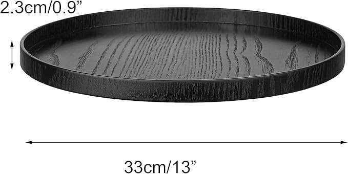 Round Solid Wood Serving Tray Extra Large Tea Coffee Snack Food Meals Serving Plate Non-Slip Kitchen Party Bar Server Ottoman Tray Breakfast Tray with Raised Edges (13inch/33cm) Black