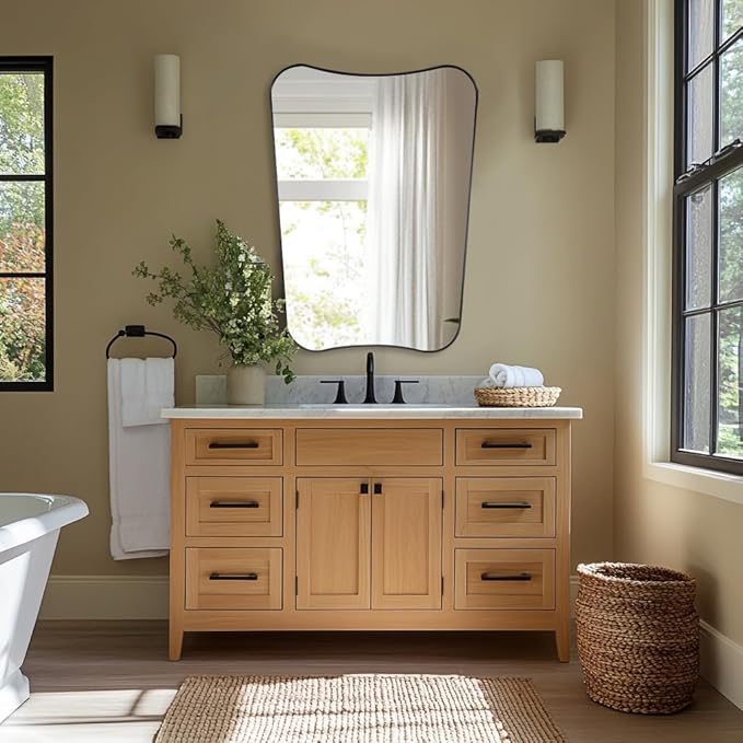 ANDY STAR Matte Black Vanity Mirror, 24"x32" Scalloped Mirror for Bathroom, Asymmetrical Wall Mirror, Unique Shape Ideal for Bathroom, Entryway, Mantle