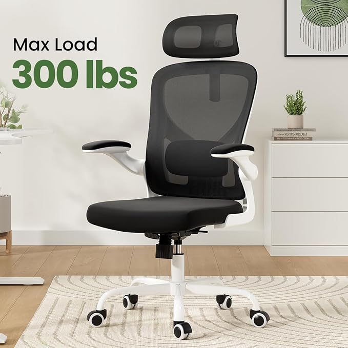 Soohow Office Chair, Ergonomic Office Mesh Desk Chair with Adjustable Back Support, High Back Comfy Computer Swivel Chair with Headrest, Lumbar Support for Study Room, Gaming and Office, White Black