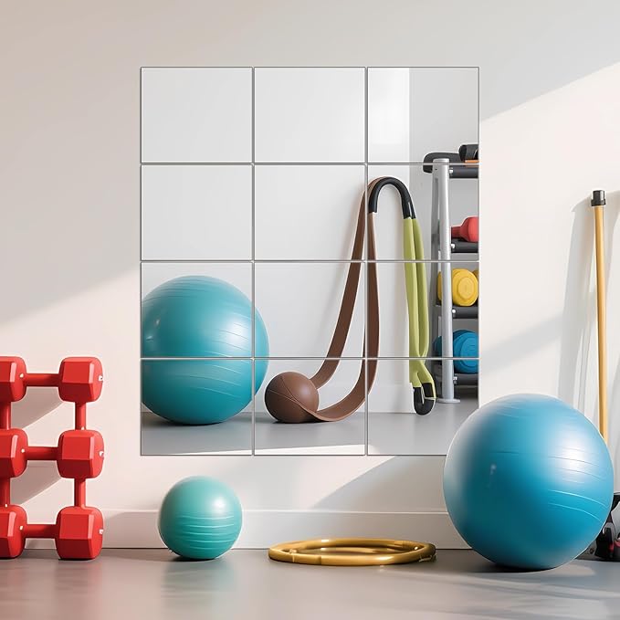 Ruomeng Full Length Wall Mirror Tiles - 12" x 10" x 4Pcs Frameless Full Body Mirror Tiles Wall Mounted Mirror for Home Gym Vanity Bedroom, Living Room