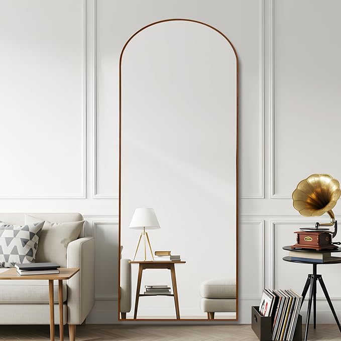 Arched 34x76 Inch Oversize Full Length Mirrors Aluminium Frame in Retro Reddish Brown Wood Looking Free Standing Floor Mirror Full Body Wall Mounted for Bedroom Living Room and Hallway