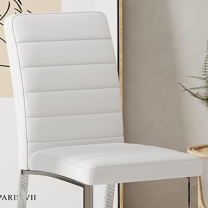 Modern Dining Chairs Set of 4, White Faux Leather Kitchen Chairs, Upholstered Armless Dining Room Chair with Gold Mental Legs Heavy Duty, Comfortable (White Chairs, Set of 4)