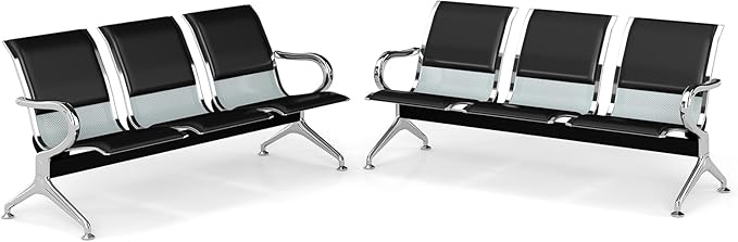 Kinfant 3-Seat Waiting Room Bench Set - PU Leather Office Chair Guest Reception Waiting Room Chair for Airport, Hospital, Bank, Salon, Barbershop(Black, Set of 2)