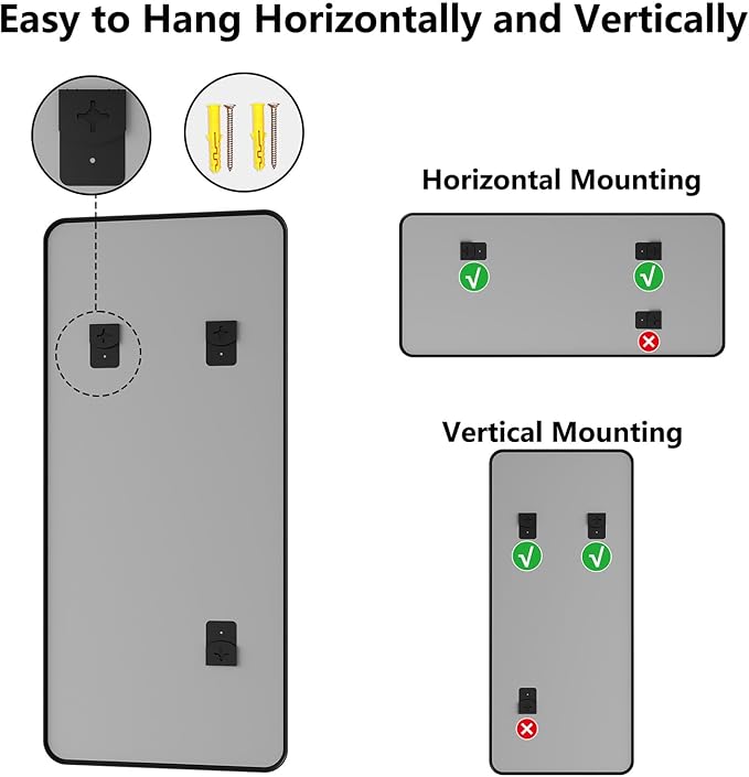 Koonmi Bathroom Mirror, 32X72 Brushed Black Rectangle Wall Mirror, HD Tempered Glass, Anti-Rust Frame Vanity Mirror, Rounded Rectangle Mirror for Restroom, Bedroom, Hangs Horizontal or Vertical