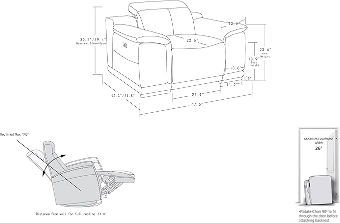 Blackjack Furniture Venice Top Grain Italian Leather Power Recliner Chair with Adjustable Headrest Modern Luxury Seating for Living Room Lounge, Cognac