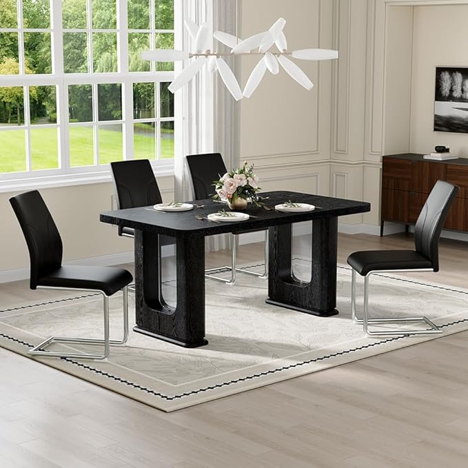 64.5" Black Dining Table Set for 4, Modern Kitchen Table and Chairs Set with PU Leather Cushioned Chairs & Decorative Pedestal Base, 5 Piece Wood Grain Dining Table Set for Dining Room or Kitchen