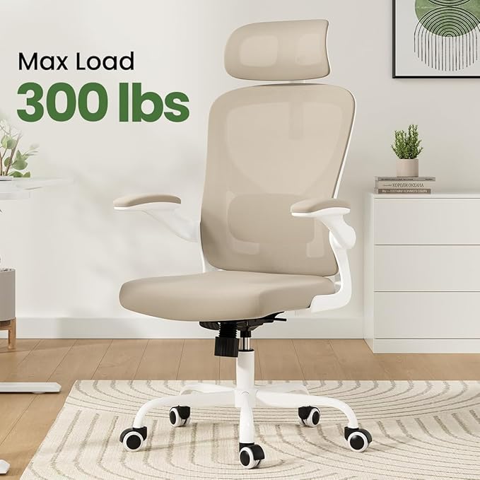 Soohow Ergonomic Office Chair, Office Mesh Desk Chair with Adjustable Lumbar Support Armrests, Comfy Computer Desk Chair with Headrest, for Home and Office, White & Khaki