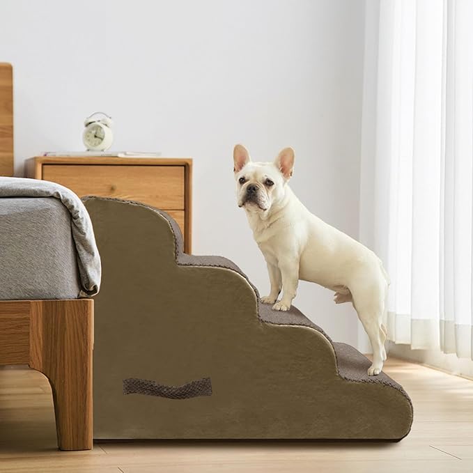 PAWSCART Dog Stairs for Small Dogs and Cats, 4-Step Dog Steps for Bed, 19.6" H Pet Stairs for High Bed, Pet Ramp for Couch, Sofa, Non-Slip Surface Removable Washable Cover, Brown