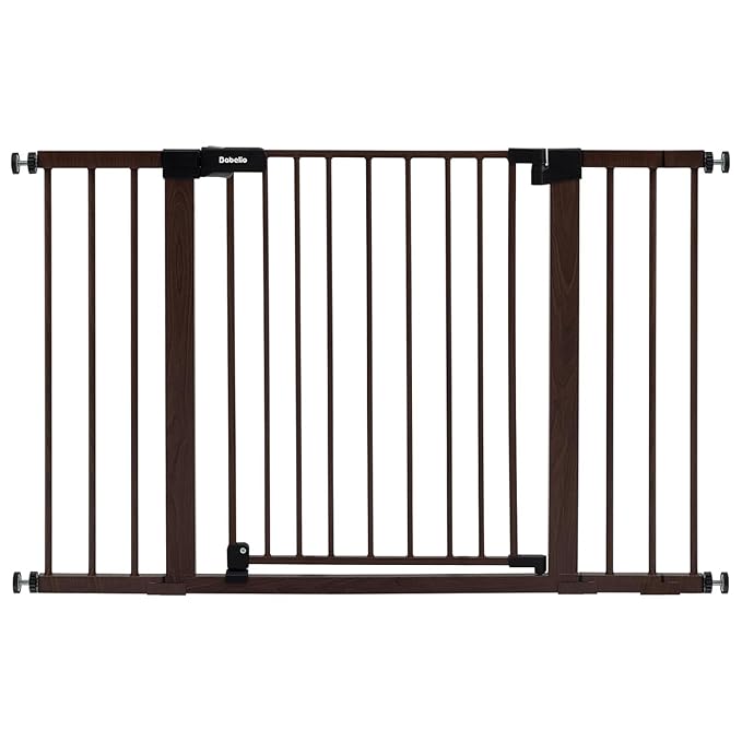 BABELIO 26-40 Inch Easy Install Extra Wide Pressure Mounted Metal Baby Gate, No Drilling, No Tools Required, with Wall Protectors and Extenders (Black Wood Pattern, 30" Tall 26"-40" Wide)