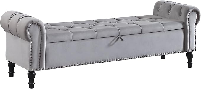 Velvet Storage Bench 67 Inch Upholstered Tufted Ottoman Bench with Arms King Size End of Bed Bench for Bedroom Living Room Entryway Grey