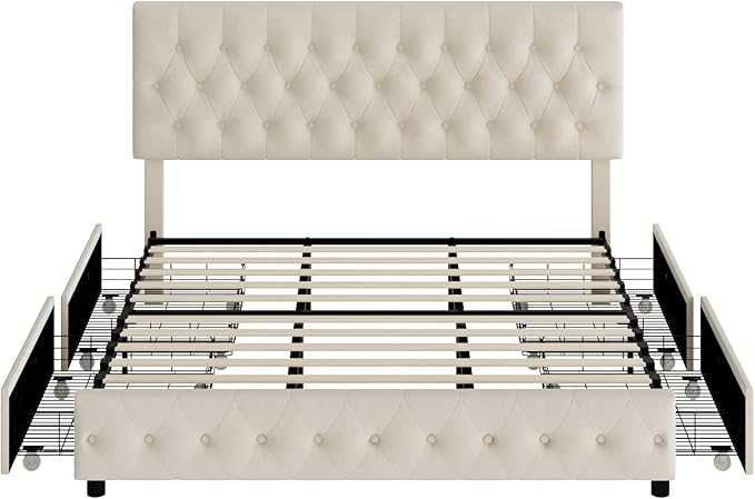 Keyluv Modern Upholstered Bed Frame with 4 Storage Drawers, Button Tufted Headboard Design, Solid Wooden Slat Support, Easy Assembly, Velvet, Beige, Full Size