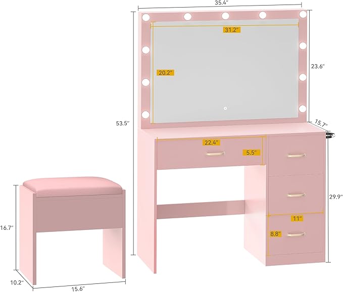 DWVO Vanity Desk with Large Mirror and Lights, Makeup Vanity Set with 11 LED Bulbs and Power Outlet, 4 Storage Drawer, Dressing Table with 3-Color Adjustable Lighting, Vanity Stool, Pale Pink