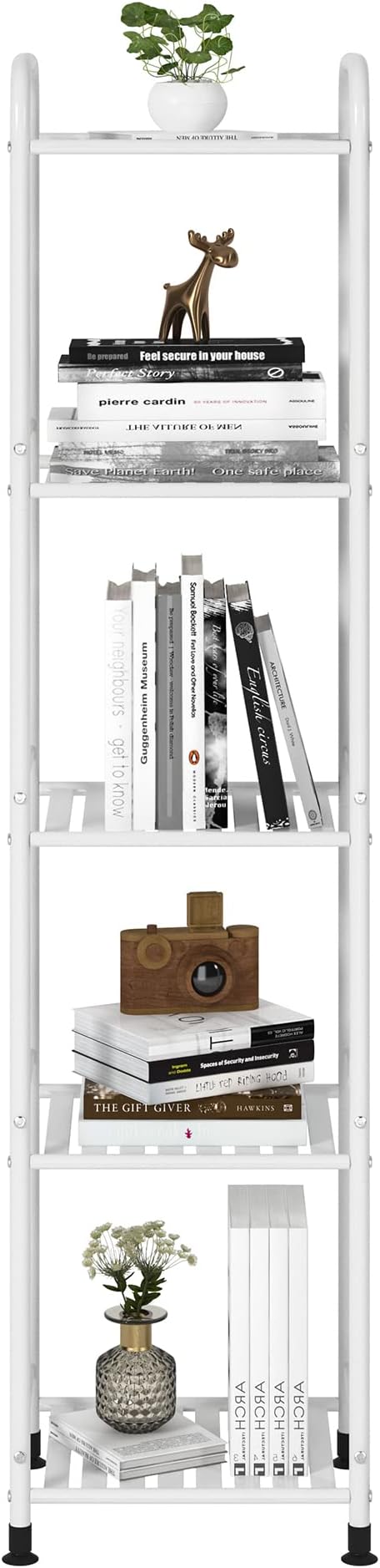 JSB 5 Tier Narrow Bathroom Shelving Unit, Kitchen Storage Rack Organizer Metal Corner Shelf for Living Room Laundry Pantry (Matte White, 5 Tier)