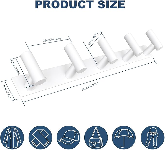 VAEHOLD Hat and Coat Wall Mount Rack - Hooks for Robes, Bags, Keys, and Towels - Bathroom Towel Hanger Organizer (White, “T“ Shape 5 Hooks 1 Pack)