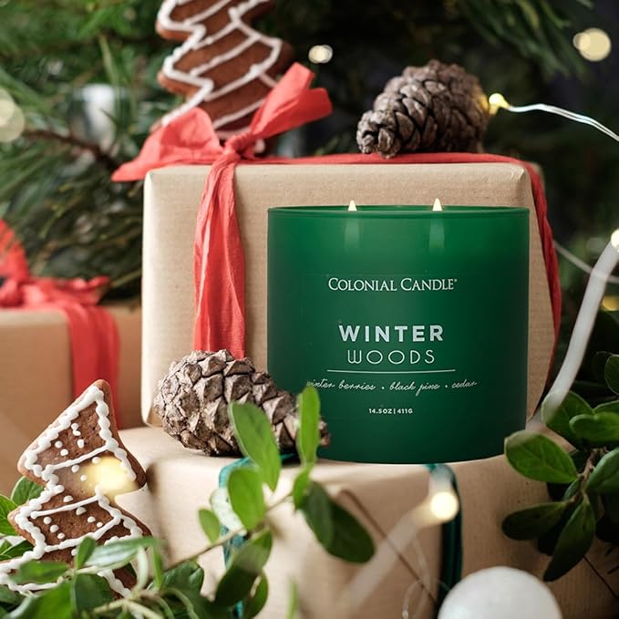 Colonial Candle Winter Woods Scented Jar Candle, Pop of Color Collection, 3 Wick, Green, 14.5 oz - Up to 60 Hours Burn