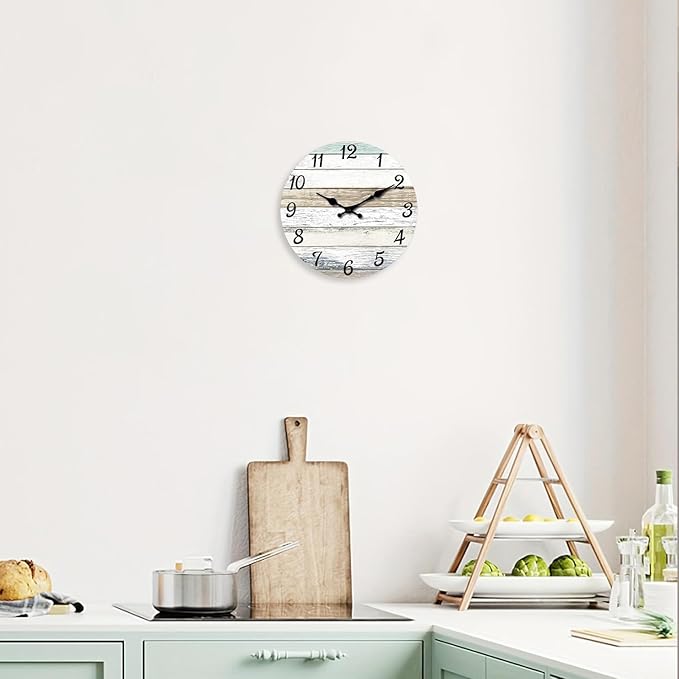 XNM Rustic Wall Clock for Bedroom Round Wood Wall Clocks Battery Operated 12 Inch Farmhouse Clock Non Ticking (MDF No Solid Wood)