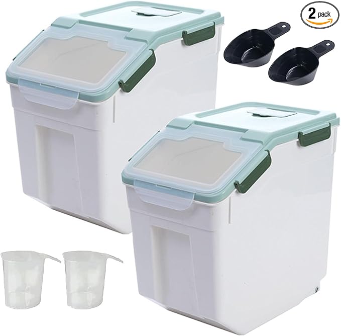 50 lbs Flour Storage Container, 2 Pack Rice Storage Container with Measuring Cup & Scoop, Pet Food Storage Container Dog Cat Food Bin, Green