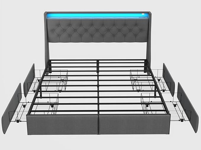 SADENICEL Full Size Bed Frame with Storage Headboard and 4 Drawer, Metal Full Bed Frame Platform with LED Light, Charging Station, No Box Spring Needed, Noise Free, Easy Assembly, Grey