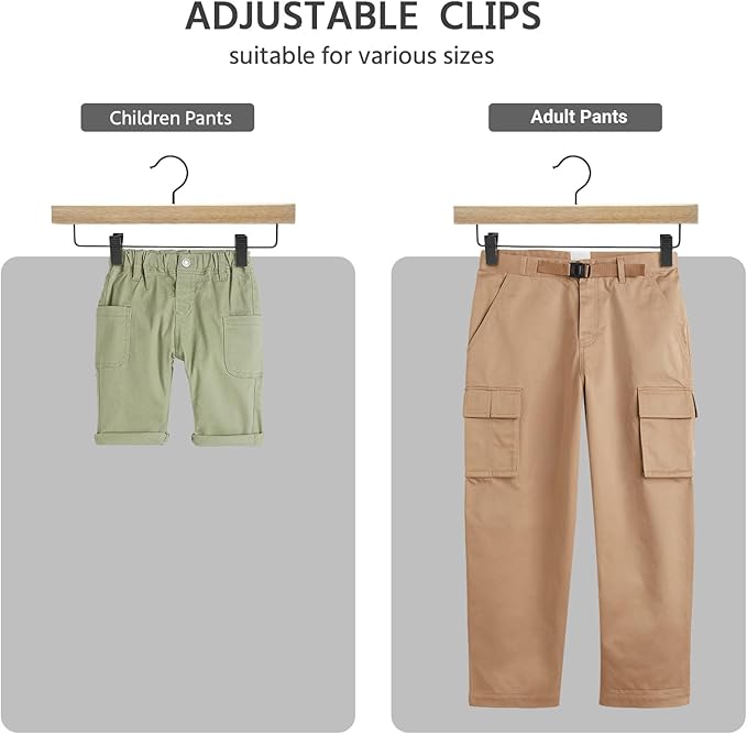 Nature Smile Deluxe Wooden Pants Hangers,Solid Rubber Wood Jeans Skirt Hanger with Black Adjustable Clips and Rotatable Hook Pack of 10(Natural Varnished)