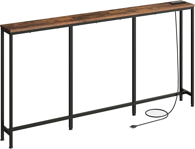 62.99" Narrow Console Table with Power Outlet 7.1" Skinny Sofa Long Behind Couch Table with Charging Station for Hallway, Living Room Rustic Brown and Black TXG16UBF
