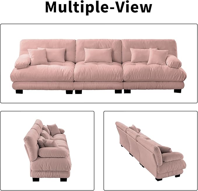 133.8" Oversized Couch, 3 Seater Modular Sectional Sofa, Pink Large Fluffy Chenille Cloud Couch with 5 Pillows, Deep Seat Sofas for Living Room
